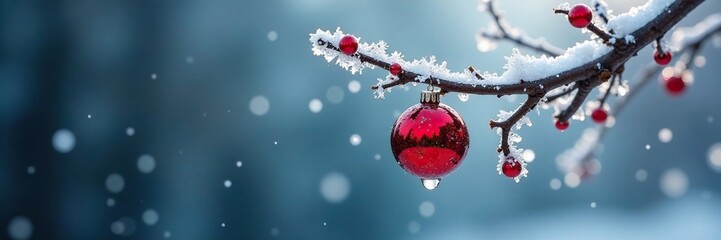 Fototapeta premium Icy branch with berries and red ornament suspended in mid-air, ice, branch