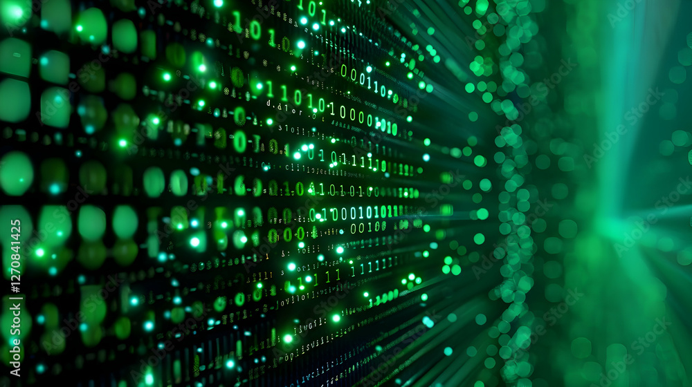 Poster abstract digital background showcasing green binary code and glowing particles in motion