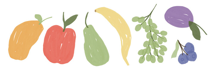 Hand drawn fruit collection. Mango, apple, pear, banana, grape, blueberry, plum. Perfect for food design.