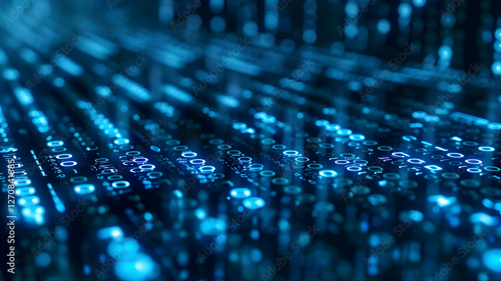 Poster abstract digital data stream with binary code flowing in a vibrant blue environment