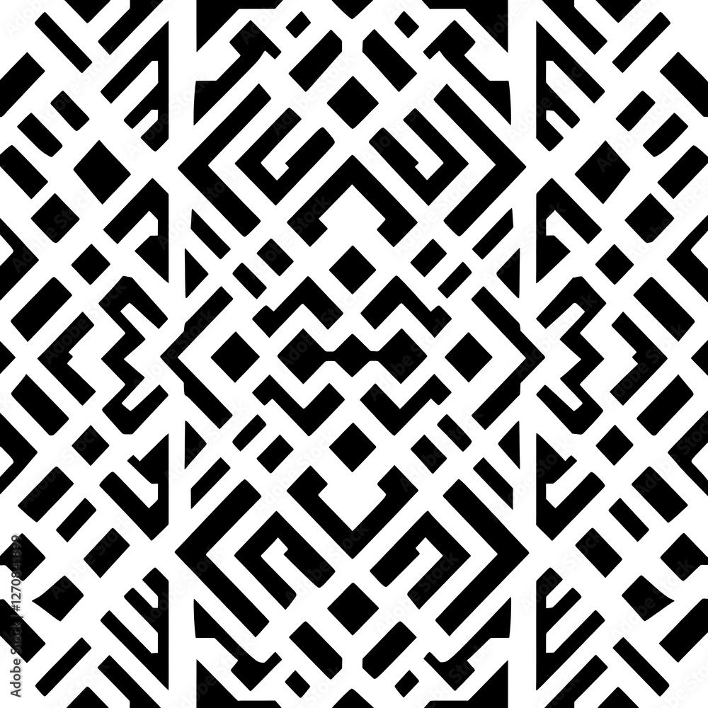 Poster symmetrical geometric maze pattern design with intricate shapes and angular lines black and white