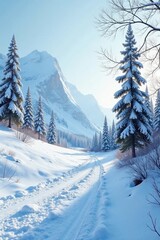 Obraz premium Icy landscape with bare trees and snowy hills, snow, barren