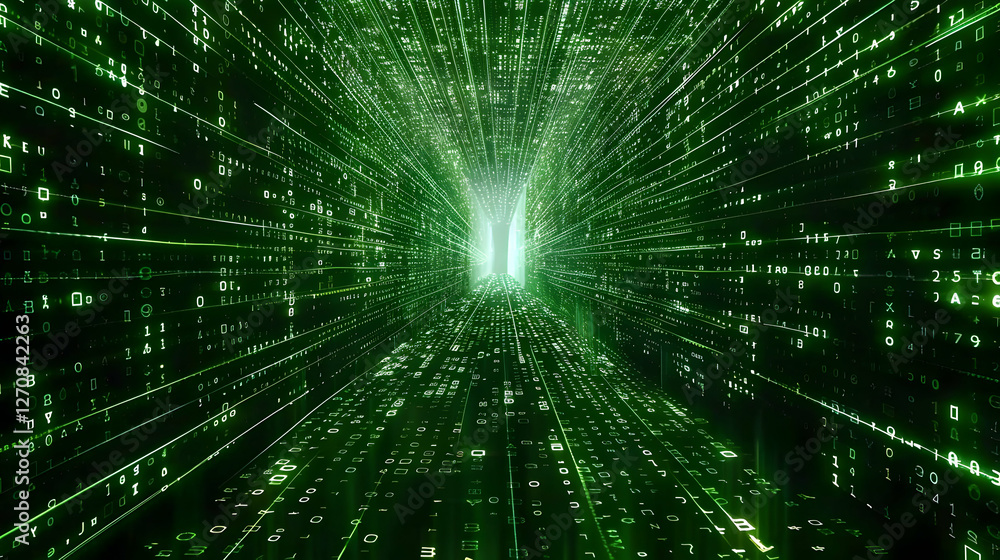 Poster abstract digital tunnel filled with green binary code, symbolizing data flow and technology
