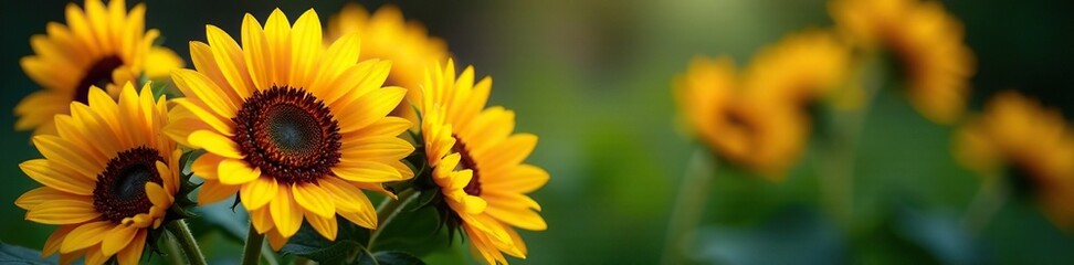 Obraz premium A loose bouquet of sunflowers with dark green leaves, tall stems, garden