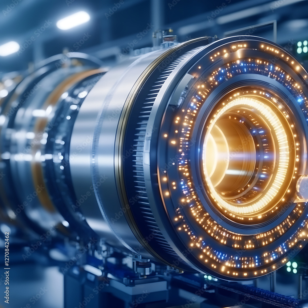 Aufkleber technological cylinder with glowing circular patterns and industrial machine assembly line
