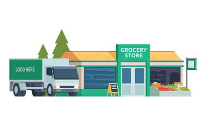 Grocery Store Building Vector Illustration. Shop & Market in Flat Style, Fully Editable Elements