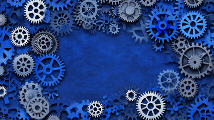 Technical Arrangement with Metallic Gears on Blue Textured Background as a Complex Illustration