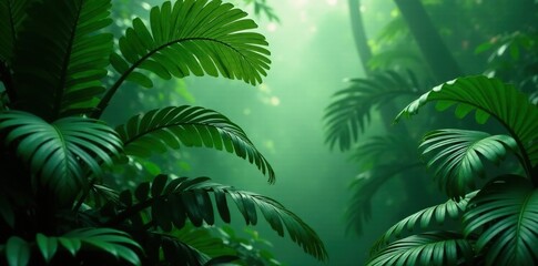 Fototapeta premium Exotic Monstera palm fronds in a misty jungle environment, greenery, botanical garden