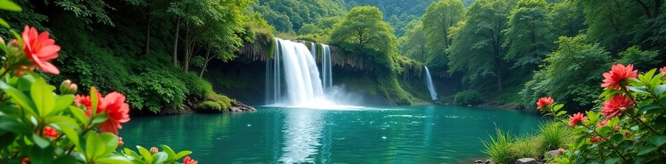 Fototapeta premium Emerald waterfall cascades into a serene lake, flowers, forest, tranquility