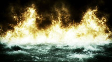 Obraz premium Tempestuous Sea Ignited Fiery Sky Intense Maritime Scene Waves Crashing Apocalyptic Backdrop
