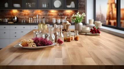 Empty beautiful wood table top counter and blur bokeh modern kitchen interior background  HD 8K wallpaper Photographic Image