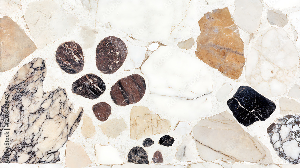 Poster terrazzo pattern composed of aggregate stones and marble chips creating an abstract mosaic design