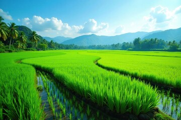Fototapeta premium Water-covered rice fields with lush greenery under an open blue sky, rice fields, landscape