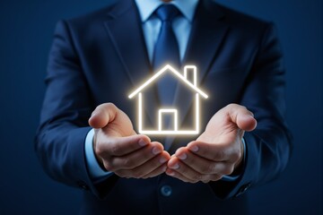 Businessman holding glowing house icon in hands.