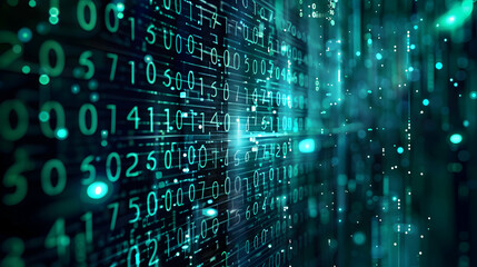 Obraz premium Abstract digital background with glowing binary code streams and data particles in motion