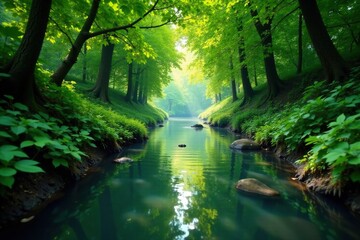 Fototapeta premium River flows gently through a tunnel of leaves, serene, vegetation