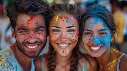 Obraz premium Diversity friends smile with bright splashes of colored powder during Holi color festival in an outdoor setting