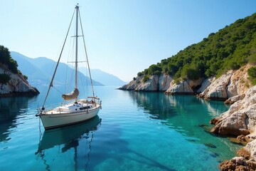 Sailboat moored in a secluded cove near TorreOvo with Salento's hills and sea in the foreground, cove, torre ovo