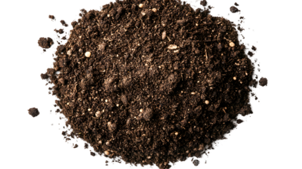 Dark brown soil pile isolated on transparent background. Detailed texture of earth and small stones visible