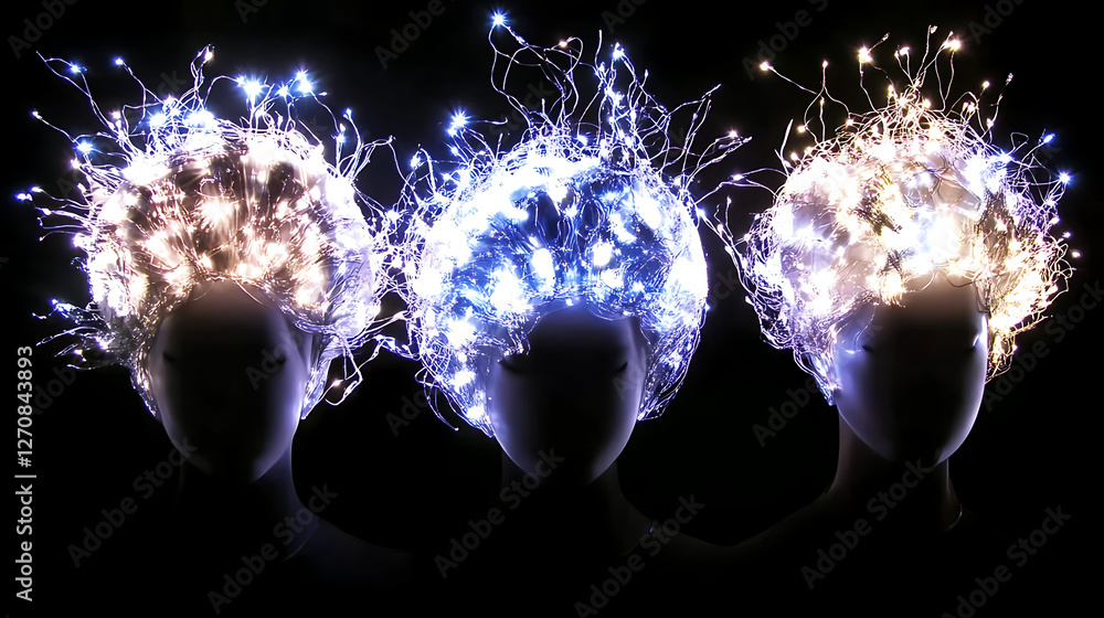 Poster three mannequins adorned with glowing string lights creating unique hairstyle visual spectacle