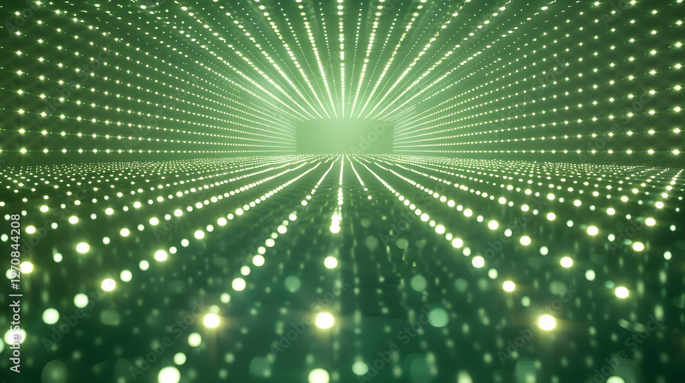 Poster futuristic green light tunnel with glowing dots creating a mesmerizing perspective effect