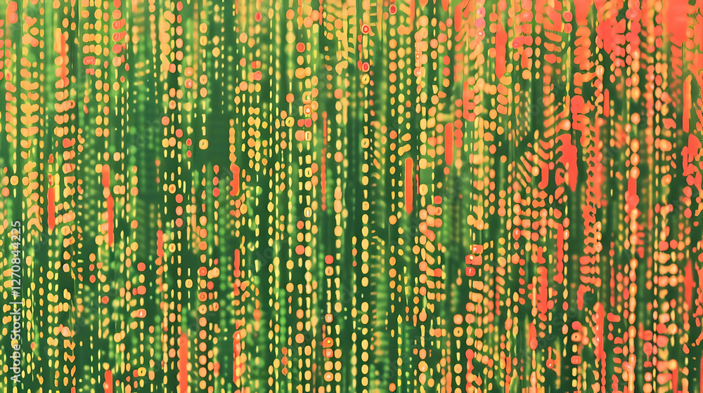 Poster vibrant abstract pattern of colorful dots cascading vertically on a green background