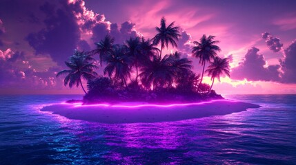 Fototapeta premium Neon horizon island paradise with palm trees and ethereal clouds creating a dreamy escape