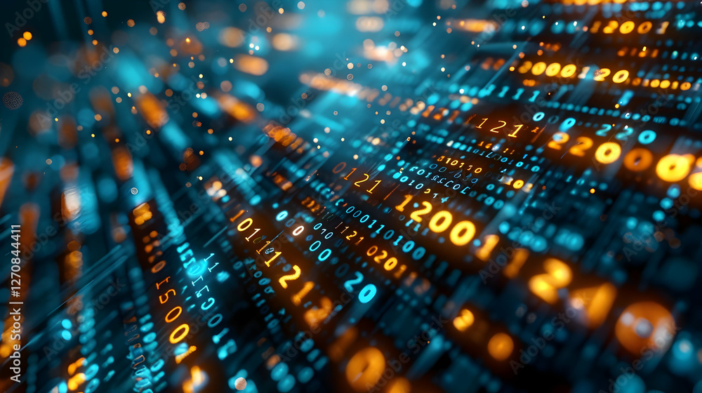 Poster abstract digital data visualization with glowing numbers and lines, conveying technology concepts