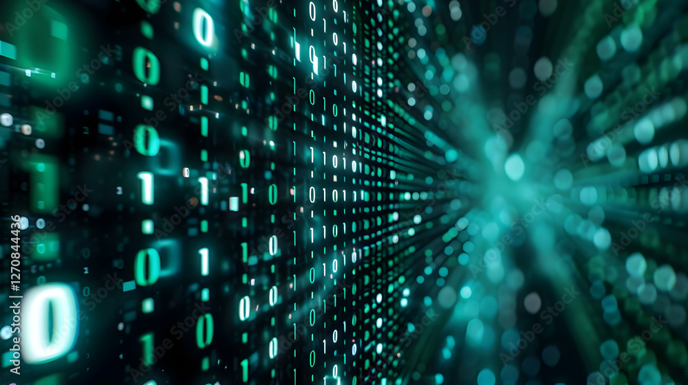 Poster abstract digital data stream with binary code, illustrating technology and connectivity in a futuris