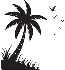 Tropical Beach Scene with Palm Tree silhouette, Sailboat, and Birds | Vector of a summer sunset | Beach view with silhouettes of black coconut trees at sunset. Sea beach, sun, ocean sunrise, palms