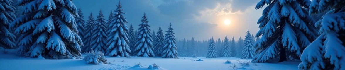Fototapeta premium A serene snowy forest with towering pine trees and a bright moonlight, serene, snow-covered trees