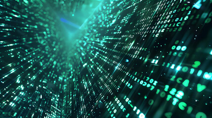 Abstract digital data stream with glowing particles and binary code flowing in a futuristic environment