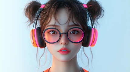 Naklejka premium Asian woman wears neon headphone