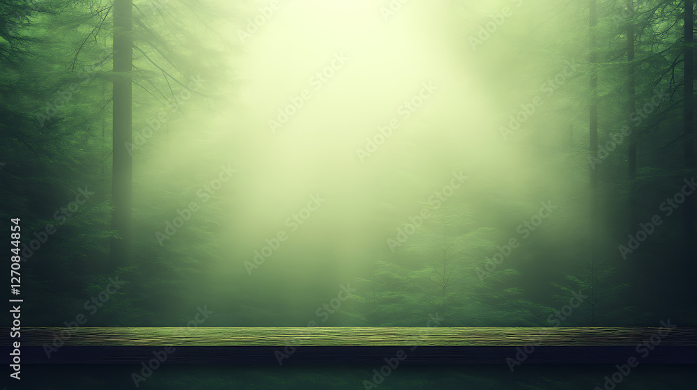 Poster tranquil green forest scenery with peaceful light filtering through the mist creating serene mood