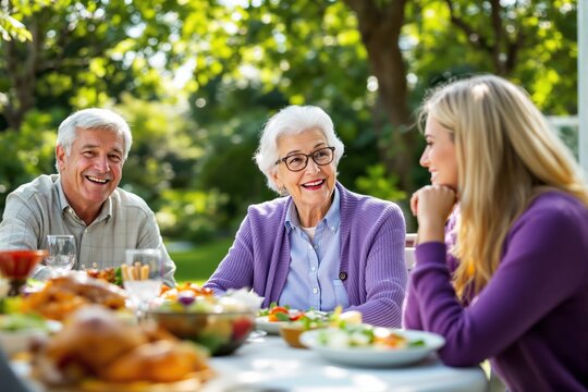 Happy multigenerational family enjoying outdoor meal together. - Powered by Adobe