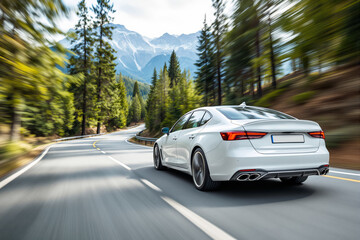 White car driving on winding road with scenic mountain background and blurred motion effect.