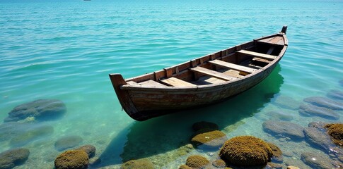 Obraz premium Wooden boat partially submerged in shallow waters with seaweed, partially submerged, marine, shallow waters