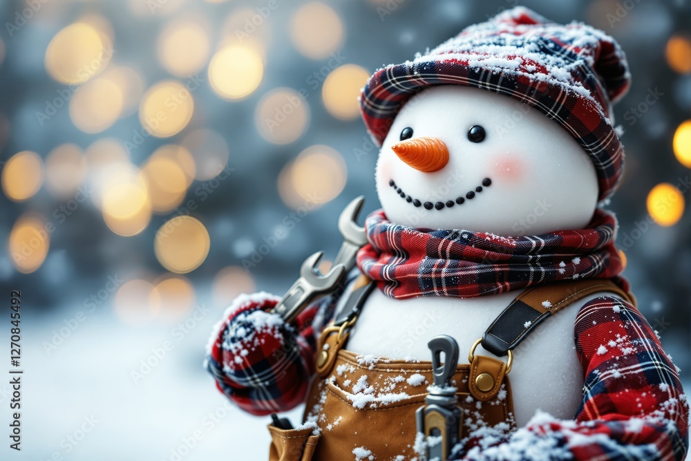 Poster festive snowman dressed as a handyman with tools, wearing a plaid scarf and hat, standing in snowy e