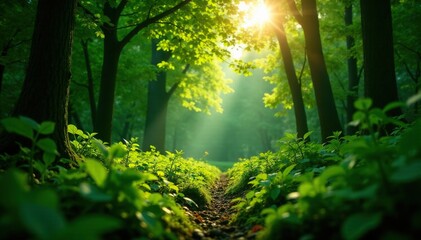 Naklejka premium Dense foliage with sunlight filtering through, sunlight filtering, , woodland plants