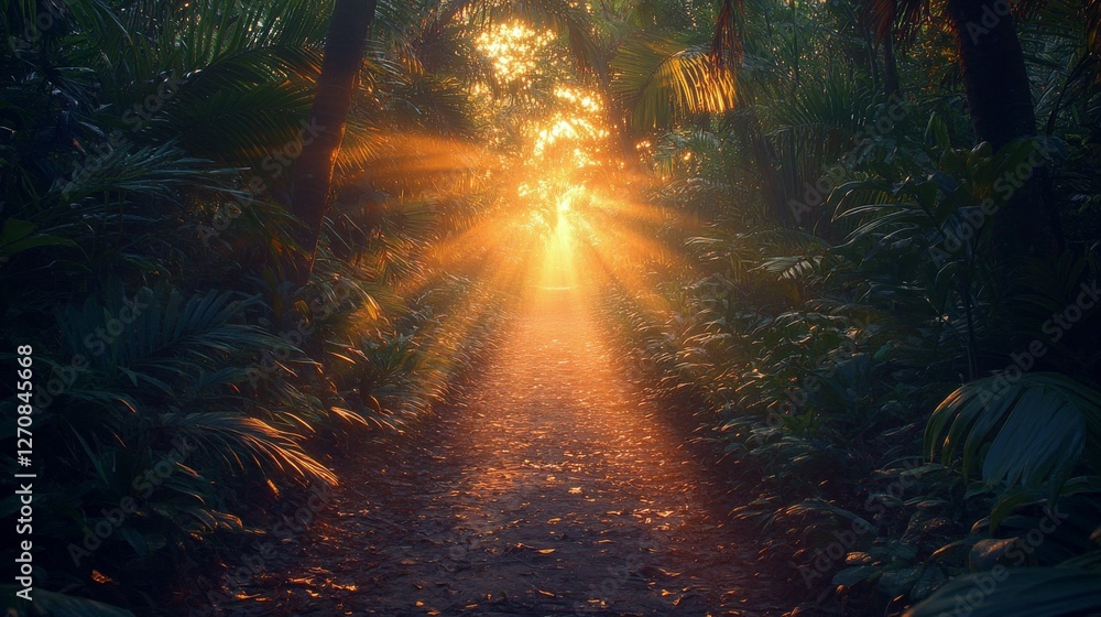 Poster sunlight streaming through a lush forest path at sunset creating a serene atmosphere