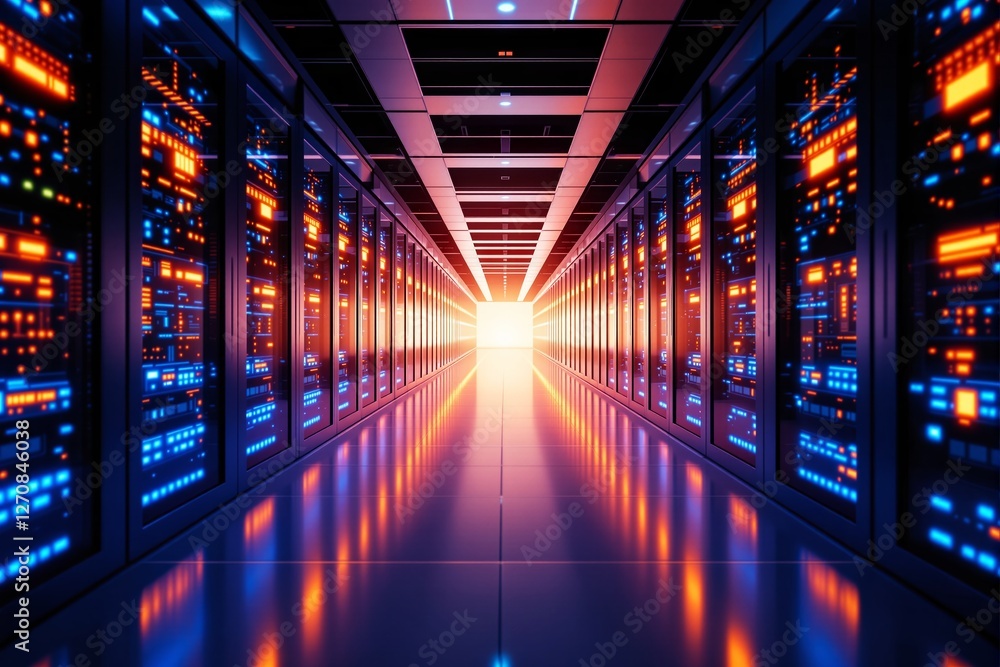 Poster futuristic data center corridor with glowing servers and bright light at the end.