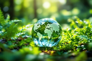Globe on bright forest floor with light reflections and plants.