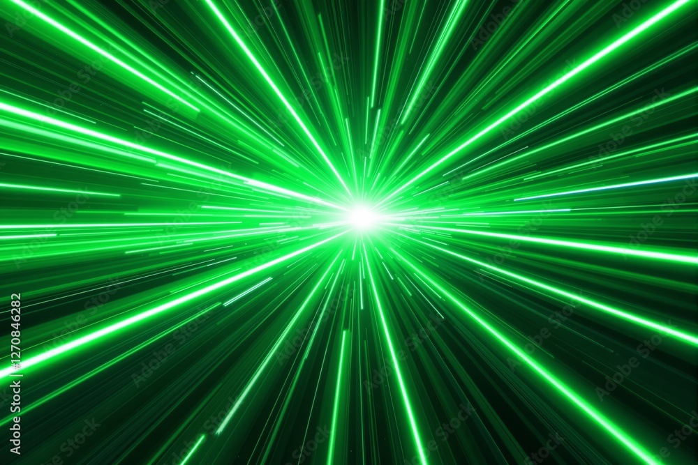 Poster green light burst with dynamic rays on dark background.