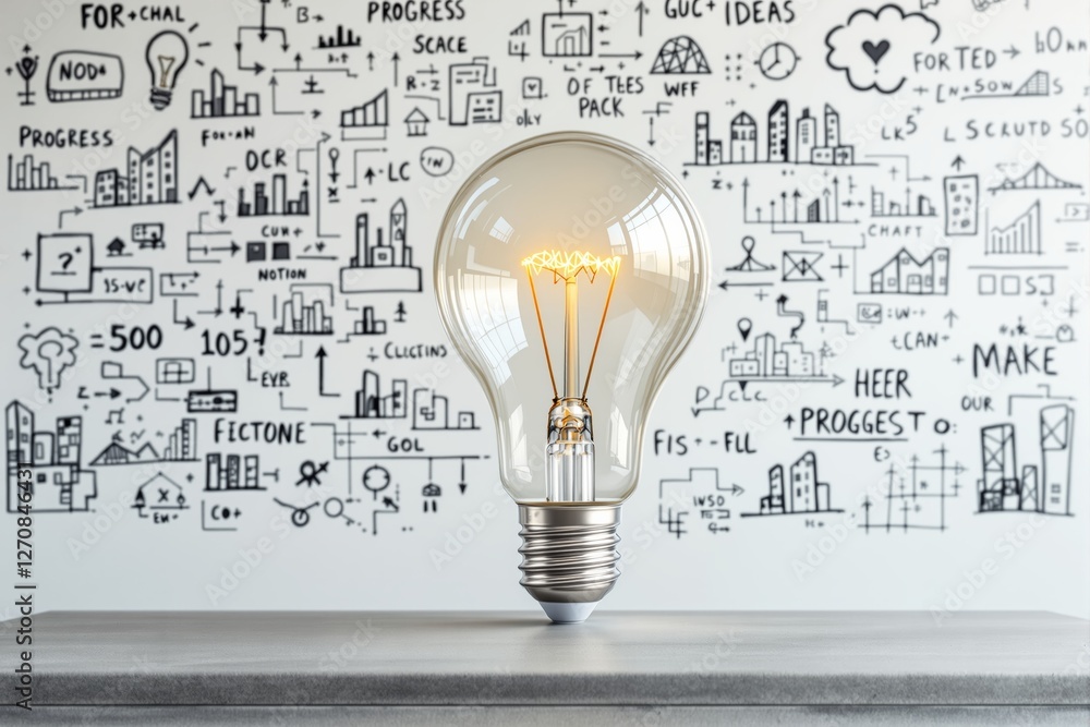 Poster light bulb with a glowing filament on a table, surrounded by creative doodles on a white background,