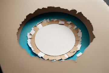 Round hole on paper with torn edges, banner with copy space, breakthrough message concept, Abstract texture background. Layers of watercolor painted paper. Torn edges, ripped arty paper background