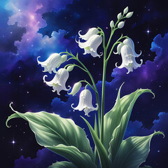  Cosmic Lily of the Valley with iridescent petals and leaves, glowing softly against a starry background. Created with generated AI.