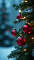 Obraz premium Winter wonderland scene with hanging ornaments on an evergreen branch, garland, lights, festive