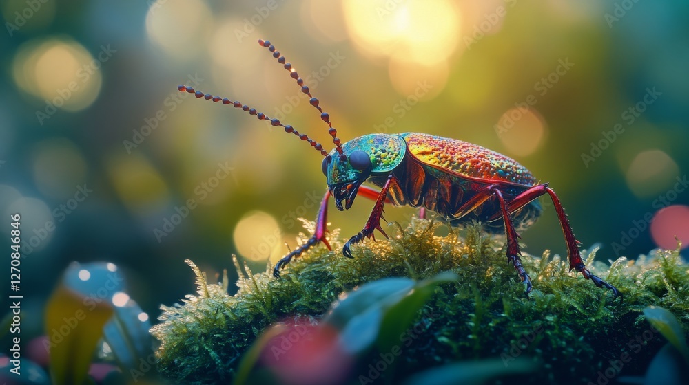Poster colorful insect on lush moss with a shimmering background in a vibrant forest setting
