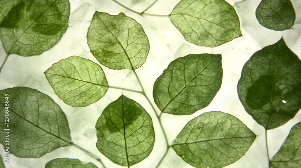 Poster translucent eucalyptus leaves with visible veins in soft light displayed in a bright environment