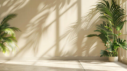 Sunlit indoor space with green plants casting shadows on a beige wall, creating a serene atmosphere